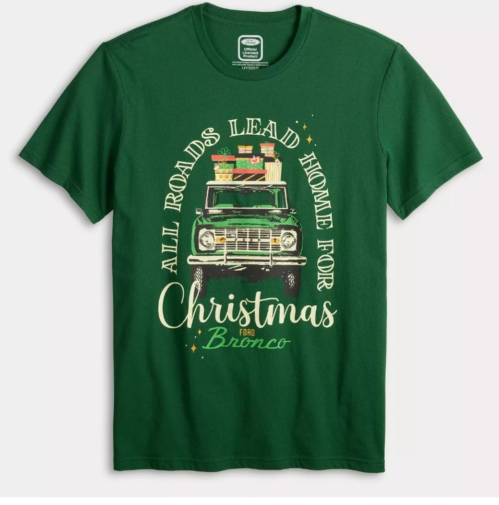 Ford Bronco Green Christmas Festive Tee Size Small